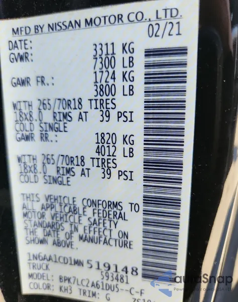 2021 Nissan Titan Sv из США, поврежденный, VIN 1N6AA1CD1MN519148